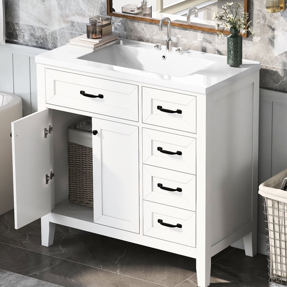 36 Inch Freestanding White Vanity with Smooth Ceramic Basin for Easy - to - Clean Bathroom