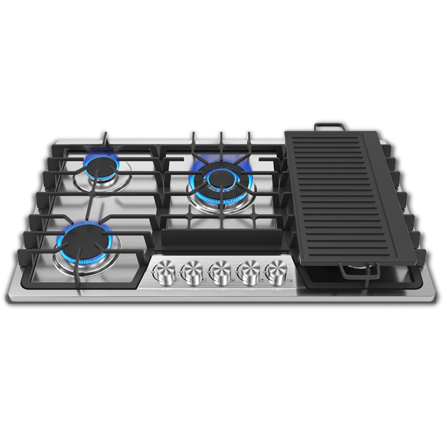 36 Inch Gas Cooktop with Griddle, Gas Stove Top with 5 Burners, Reversible Cast Iron Grill/Griddle, NG/LPG Convertible, with Thermocouple Protection, Stainless Steel