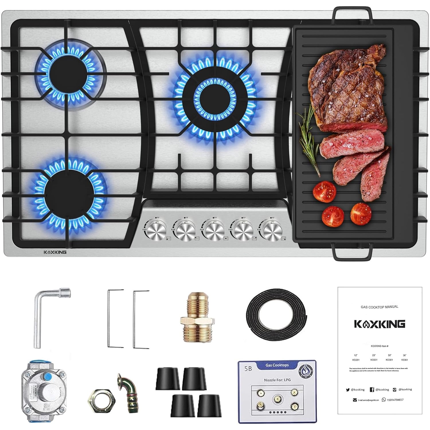 36 Inch Gas Cooktop with Griddle, Gas Stove Top with 5 Burners