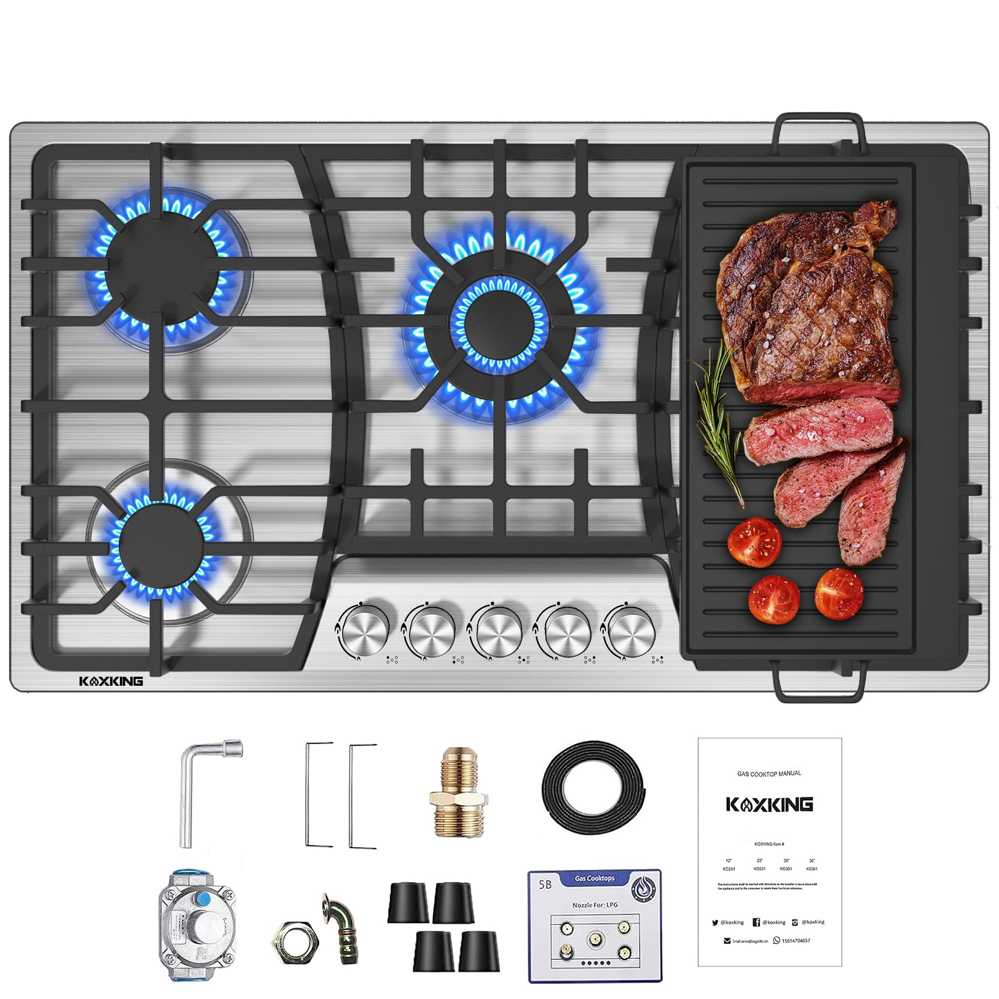 36 Inch Stainless Steel Gas Cooktop with 5 Burners and Griddle