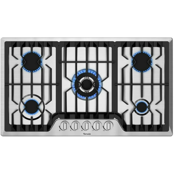 TOPWISH 36" 5-Burner Built-In Gas Cooktop, 41,800 BTU, Italy SABAF Burners, NG/LP Convertible, 304 Stainless Steel, Thermocouple Protection, CSA Certified