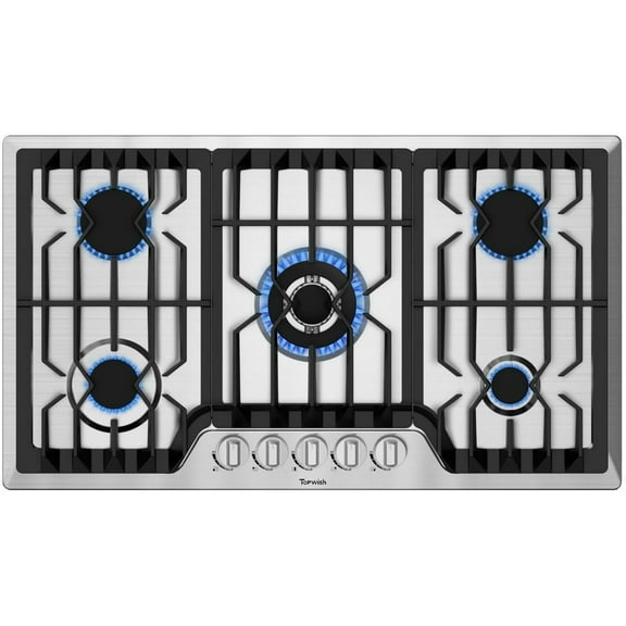 TOPWISH 36" 5-Burner Built-In Gas Cooktop, 41,800 BTU, Italy SABAF Burners, NG/LP Convertible, 304 Stainless Steel, Thermocouple Protection, CSA Certified