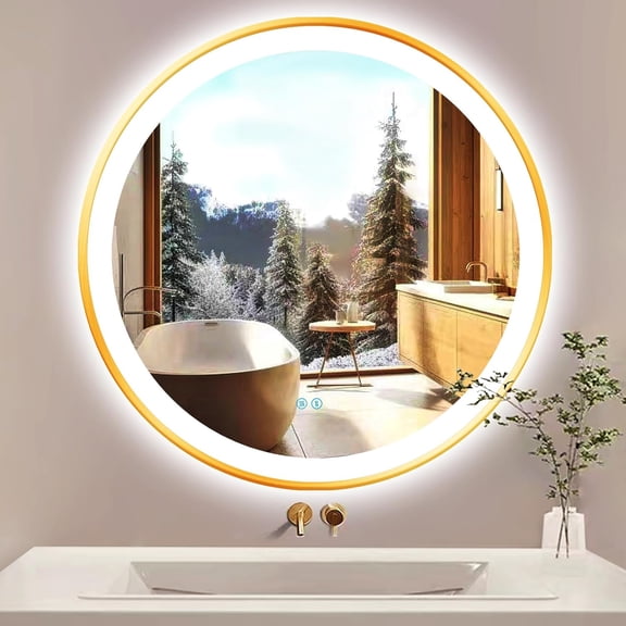 36 Inch Gold Round LED Mirror with Lights Gold Frame Round Lighted Mirror for Bathroom Wall Gold Round Lighted Vanity Mirror with Light 3 Color Dimmable AntiFog 36" Circle Light up Smart Mirror