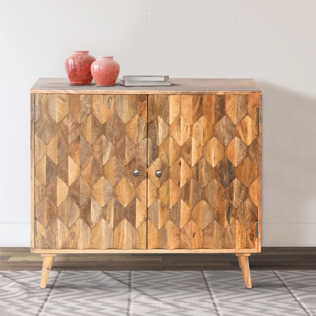 honey bee cabinet☆収納☆antique  wood 36 Inch Handcrafted Accent Cabinet 2 Honeycomb Inlaid Doors Mango