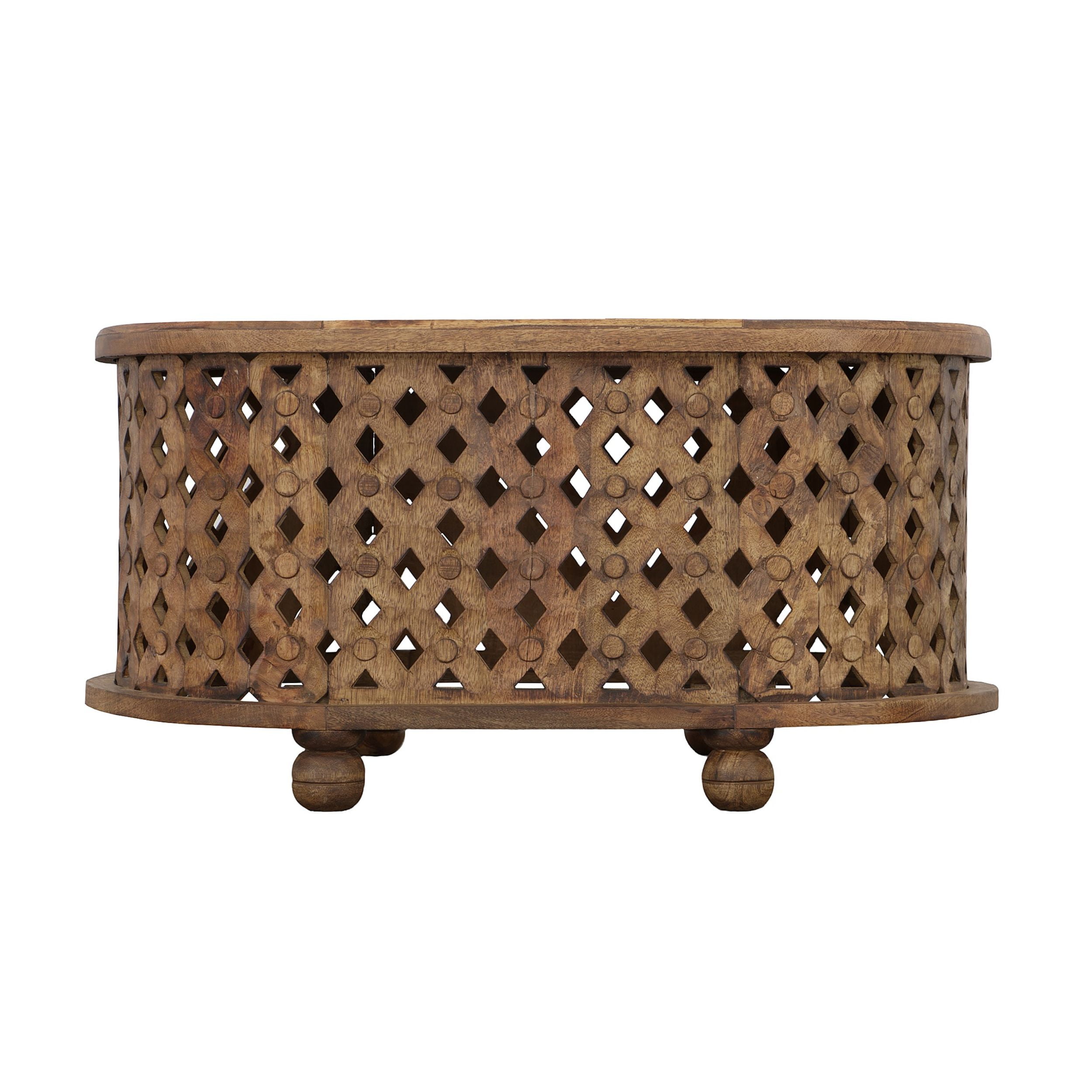 Antique Brown Oval Mango Wood Coffee Table with Cutout Design