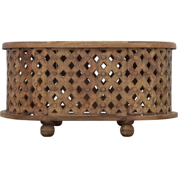 36 Inch Handcrafted Oval Coffee Table, Intricate Cutout Design, Victorian Vintage Brown