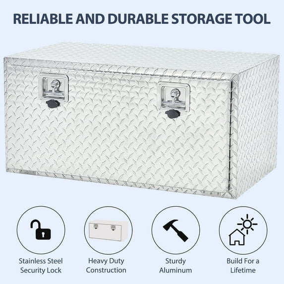 36 Inch Heavy Duty Aluminum Diamond Plate Tool Underbody Box, Waterproof Square Truck Storage Organizer Chest for Pick Up Truck Bed, RV Trailer with T-Handle Lock and Keys - Silver