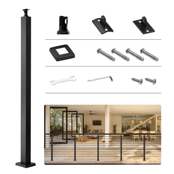 36 Inch Height 2 Inch Wide SUS304 Stainless Steel Cable Railing Post, Undrilled Baluster with Horizontal & Curved Brackets for Deck & Stair Handrail