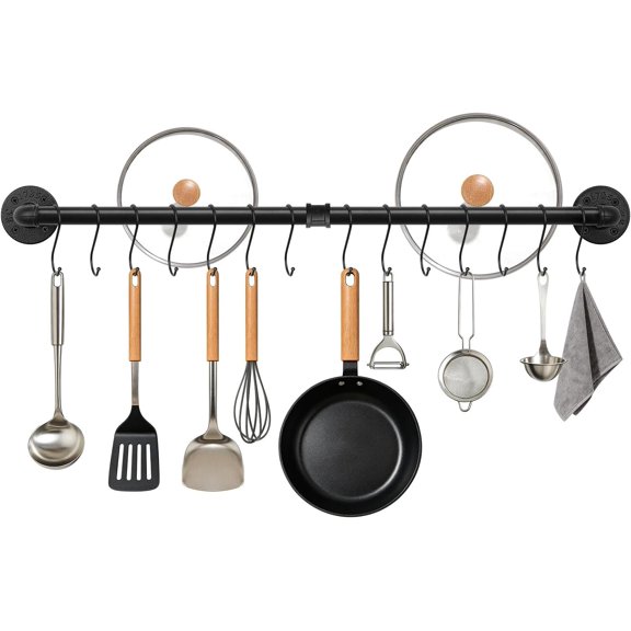 36 Inch Industrial Pipe Pot Pan Rack, Heavy Duty Wall Mounted Rail with 14 Removable S Hooks, Space Saving Kitchen Organizer and Utensils Hanger for Cookware, , Matte Black