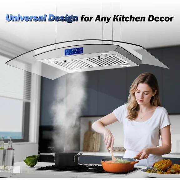 36 Inch Island Range Hood 900CFM Gesture & Touch Control Ceiling Mount Stainless Steel Ducted/Ductless Convertible, Ceiling Mount Vent Hood, Baffle Filter Exhaust Fan Extractor