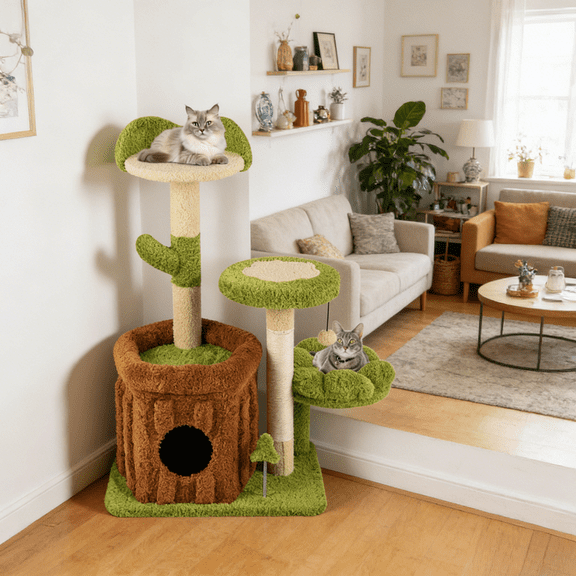 36 Inch Jungle Theme Cat Tree with Condo Sisal Scratching Post Washable Peach Skin Fabric Interactive Toys Multi Level Cat Tower with Perch Platforms for Indoor Cats Climbing Playing Sleeping