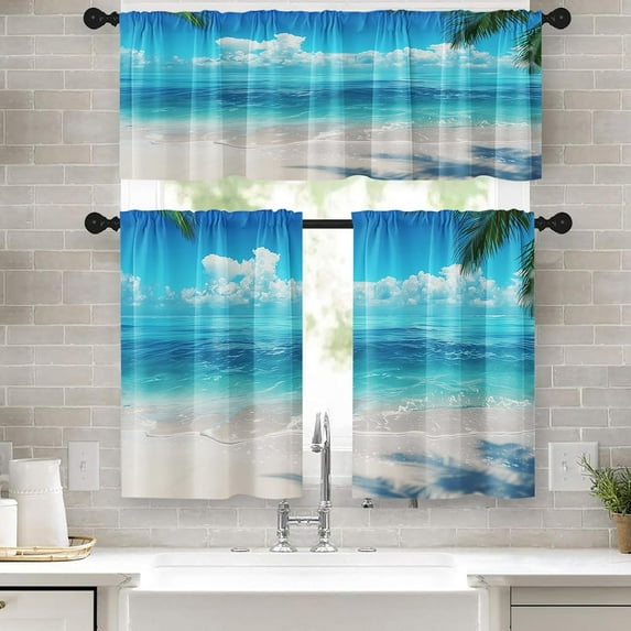 36 Inch Kitchen Curtains Beach Ocean Window Curtains and Valances Set of 3, Blue Sea Summer Coastal Short Tier Curtain for Kitchen,Vintage Small Kitchen Decor