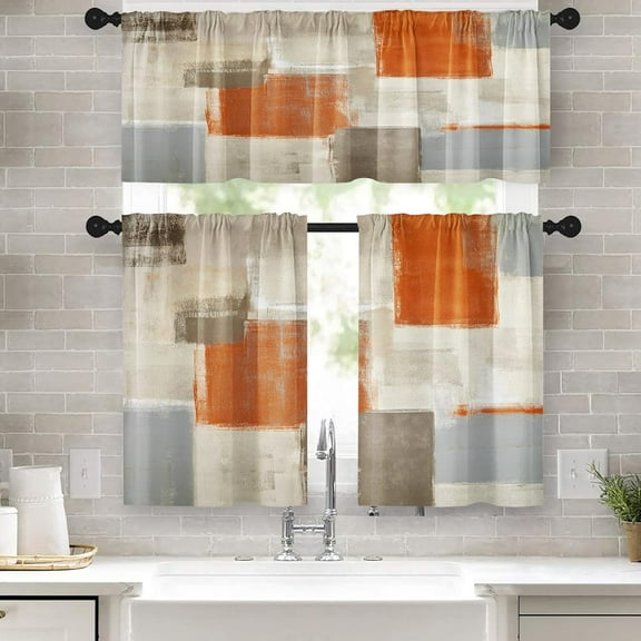 36 Inch Kitchen Curtains Beige and Orange Abstract Art Window Curtains and Valances Set of 3,White Modern Art Background Short Tier Curtain for Kitchen,Vintage Small Kitchen Decor