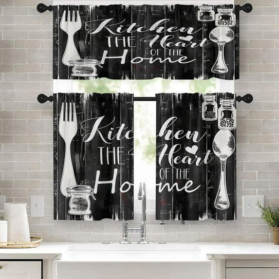 36 Inch Kitchen Curtains Black Farmhouse Rustic Window Curtains and Valances Set of 3, Vintage Fork Spoon Country Wooden Wood Short Tier Curtain, Vintage Small Kitchen Decor
