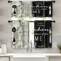 36 Inch Kitchen Curtains Black Gray Farmhouse Rustic Window Curtains and Valances Set of 3, Vintage Knife Spoon Country Wooden Wood Short Tier Curtain, Vintage Small Kitchen Decor