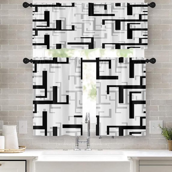 36 Inch Kitchen Curtains Black and Grey Geometric Abstract Art Window Curtains and Valances Set of 3,White Modern Art Background Short Tier Curtain for Kitchen,Vintage Small Kitchen Decor