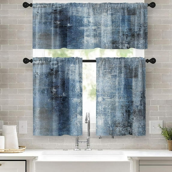 36 Inch Kitchen Curtains Blue and Grey Abstract Art Window Curtains and Valances Set of 3, Modern Art Background Short Tier Curtain for Kitchen,Vintage Small Kitchen Decor