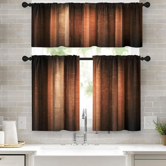 36 Inch Kitchen Curtains Brown Orange Copper Window Curtains and Valances Set of 3, Abstract Glass and Vintage Stripe Design Short Tier Curtain, Vintage Small Kitchen Decor