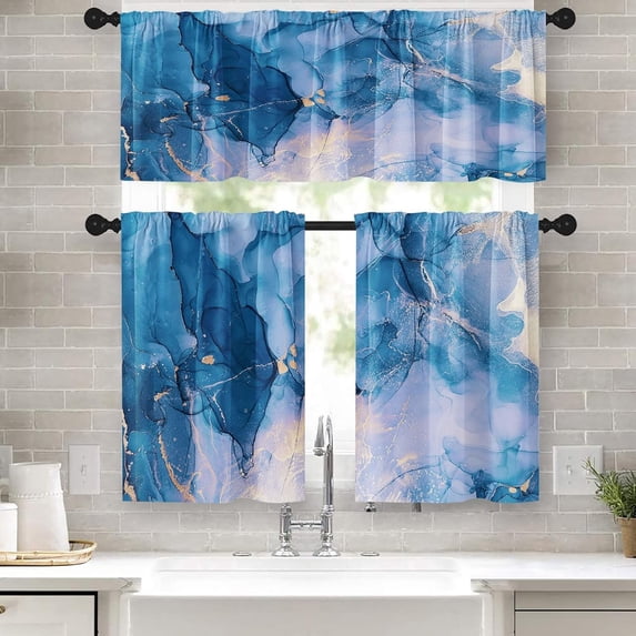 36 Inch Kitchen Curtains Cyan Blue Marble Texture Abstract Art Window Curtains and Valances Set of 3,Mixing Colorful Modern Art Background Short Tier Curtain,Vintage Small Kitchen Decor