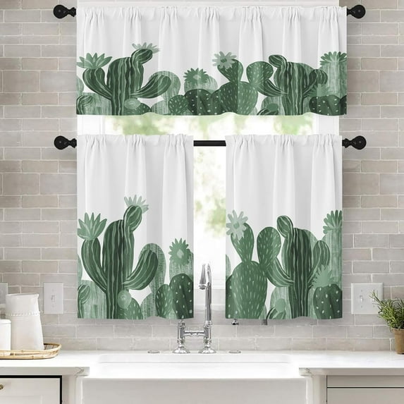 36 Inch Kitchen Curtains Desert Plant Boho Window Curtains and Valances Set of 3, Summer Cactus Flower Short Tier Curtain for Kitchen,Vintage Small Kitchen Decor