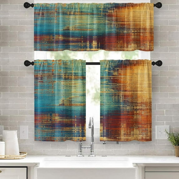 36 Inch Kitchen Curtains Farmhouse Window Curtains and Valances Set of 3, Blue and Orange Vintage Abstract Messy Rust Short Tier Curtain for Kitchen,Vintage Small Kitchen Decor