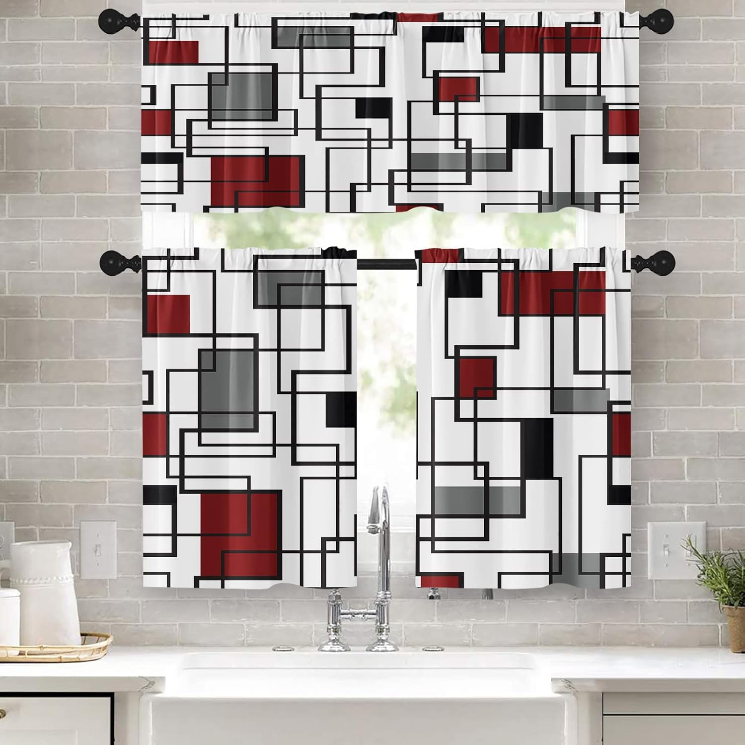 36 Inch Kitchen Curtains Red and Black Geometric Abstract Art Window ...