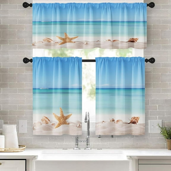 36 Inch Kitchen Curtains Summer Beach Window Curtains and Valances Set of 3, Sea Shells Starfish Shore Sun Short Tier Curtain for Kitchen,Vintage Small Kitchen Decor
