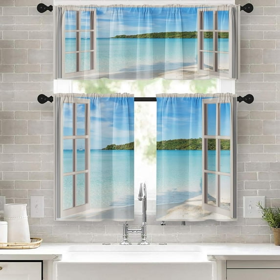 36 Inch Kitchen Curtains Summer Sea Beach Window Curtains and Valances Set of 3, Tropical Palm Tree Ocean Short Tier Curtain, Vintage Small Kitchen Decor