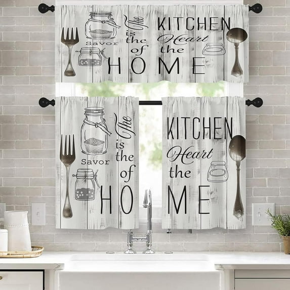 36 Inch Kitchen Curtains White Farmhouse Rustic Window Curtains and Valances Set of 3, Vintage Fork Spoon Barn Country Wooden Wood Short Tier Curtain for Kitchen,Vintage Small Kitchen Decor
