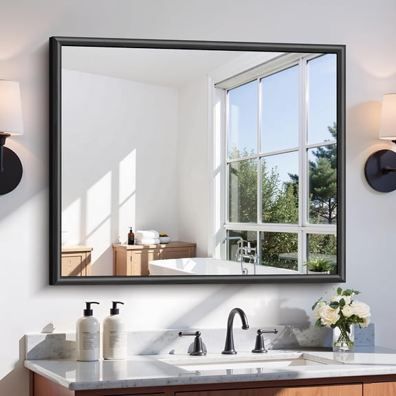 36 Inch L x 30 Inch W Brushed Black Rectangle Bathroom Vanity Mirror, Raised Metal Frame, Anti-Rust Shatterproof Wall Mirror