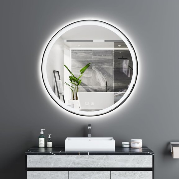 36 Inch LED Bathroom Round Mirror, Black Metal Frame, Adjustable Color Temp & Brightness,Anti-Fog,Shatter-Proof Tempered Vanity Mirror for Wall
