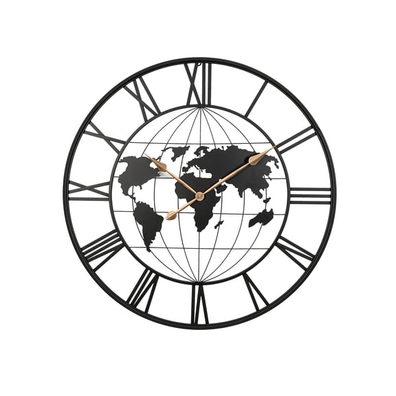 36 Inch Large Black Metal Wall Clock, Modern Silent World Map Wall Clock with Gold Pointers, Decorative for Living Room, Entryway, Dinning Room, Bedroom