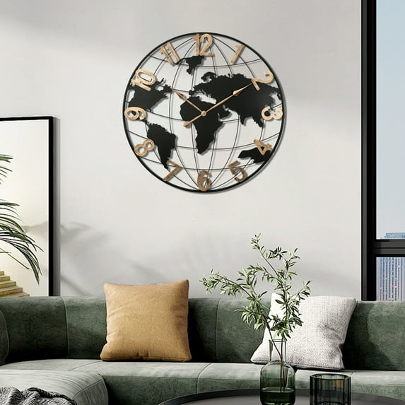 36 Inch Large Black Metal Wall Clock, Modern Silent World Map Wall Clock with Vintage Gold Arabic Numeral, Decorative for Living Room, Entryway, Dinning Room, Bedroom