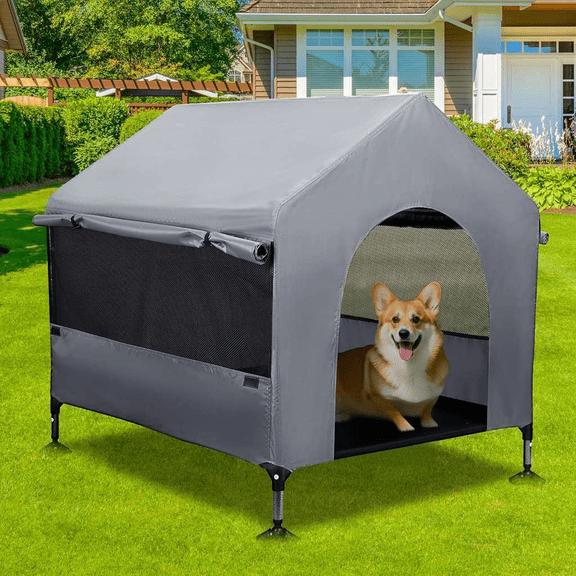 36 Inch Large Dog House with Breathable Mesh Windows Elevated Dog Bed Cot Shade Shelter for Large Breeds Weatherproof Outdoor Indoor Kennel