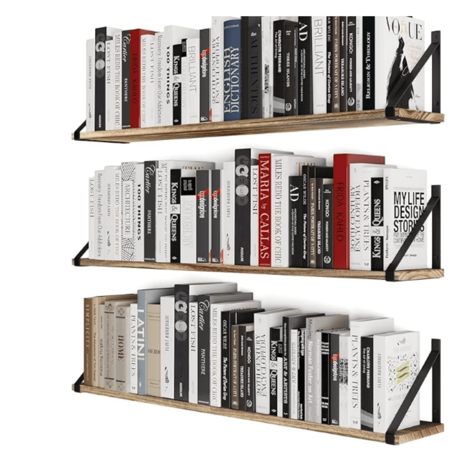 Bora 36 Inch Large Floating Shelves for Wall Storage, Floating Bookshelf Set of 3, Burned Wood Wall Shelves for Books