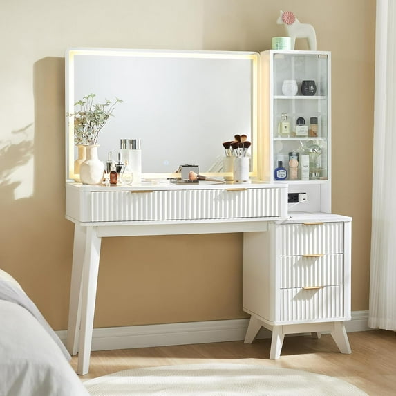 【36 Inch Large Size Mirror & Adjustable light】 vanity desk with mirror and lights offers a super large 36“ size mirror, which can ensure a true and accurate reflection, eliminating distortions that c