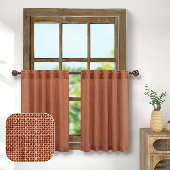 36 Inch Length Curtains Linen 2 Tier Back Tab Pocket Cafe Short Semi Sheer Terracotta Rust Colored Valance Curtains for Bathroom Small Boho Kitchen Window Sink 30 x 36 in Long Burnt Orange Terra Cott
