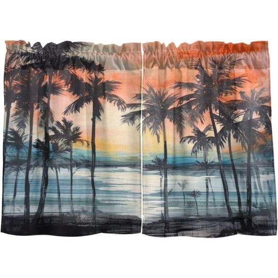 36 Inch Length Kitchen Curtains Palm Tree 2 Panels Half Window Sheer Curtains Rod Pocket Farmhouse Short Drapes for Bathroom Cafe Basement Home Decor