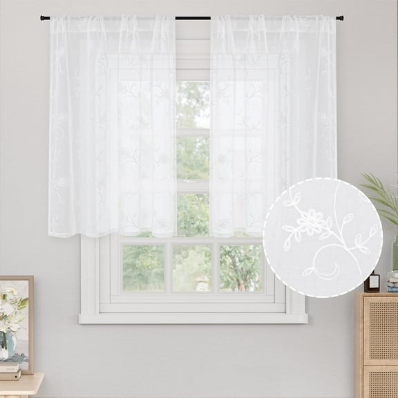36 Inch Length Lace Sheer Curtains for Kitchen Cafe Windows - Small White Drapes Rod Pocket Boho Lightweight with Embroidered Floral Light Filtering Rustic, 2 Panels, 42 X 36 Inch