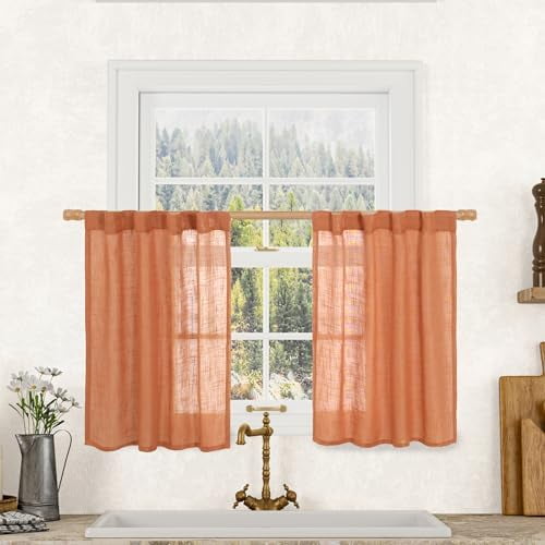36 Inch Length Linen Curtains for Small Windows, Semi Sheer Light Filtering Panels Back Tab and Rod Pocket Country Decor Drapes for Basement/Kitchen, Burnt Orange, 2 Panels, 34 x 36 Inch