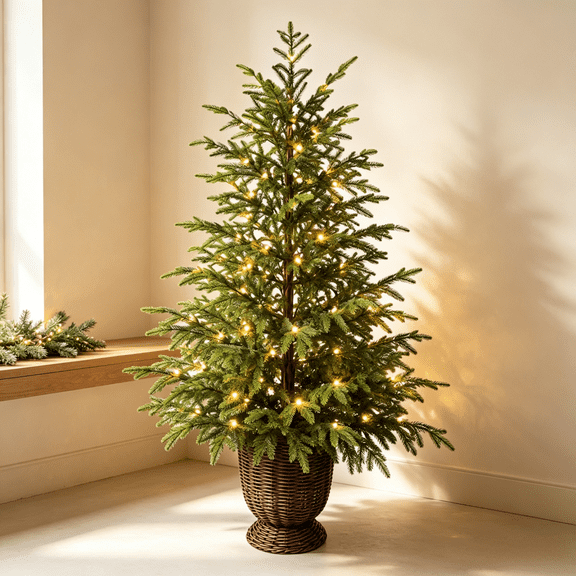 36-Inch Lighted Artificial Christmas Tree, Potted Pine with Warm LED Lights & Woven Basket Base for Home Christmas Decor & Xmas Gift