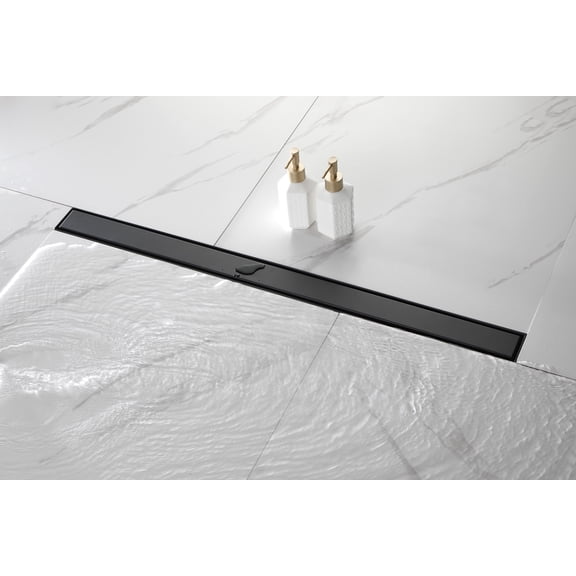 36 Inch Linear Shower Drain - 2-in-1 Flat & Tile Insert Removable Cover 304 Stainless Steel with Hair Strainer & Leveling Feet Matte Black