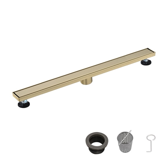 36 Inch Linear Shower Drain Brushed Gold 304 Stainless Steel 2 in 1 Flat & Tile Insert Removable Cover with Hair Strainer & Leveling Feet