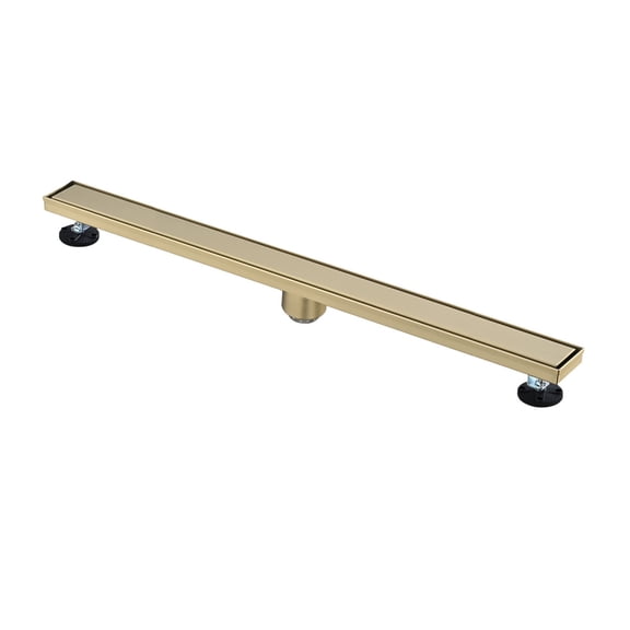 36 Inch Linear Shower Drain with Hair Strainer, Brushed Gold Stainless Steel Bathroom Floor Drain with Leveling Feet