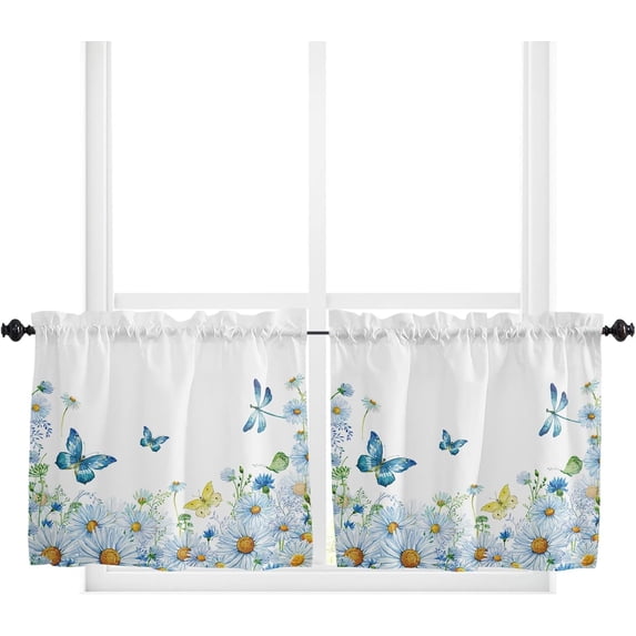 36 Inch Long Tier Curtains for Kitchen, Daisy Butterfly Dragonfly Watercolor Bathroom Window Curtains Rod Pocket Short Curtains Window Treatment Tiers for Living Room Farmhouse 2 Panels