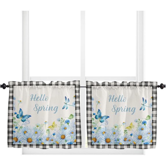 36 Inch Long Tier Curtains for Kitchen, Hello Spring Country Daisy Butterfly Retro Black Plaid Bathroom Window Curtains Rod Pocket Short Curtains Window Treatment Tiers for Living Room 2 Panels