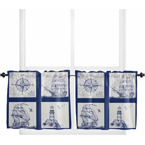36 Inch Long Tier Curtains for Kitchen, Ocean Sailing Map Navigation Pattern Bathroom Window Curtains Rod Pocket Short Curtains Window Treatment Tiers for Living Room Farmhouse 2 Panels