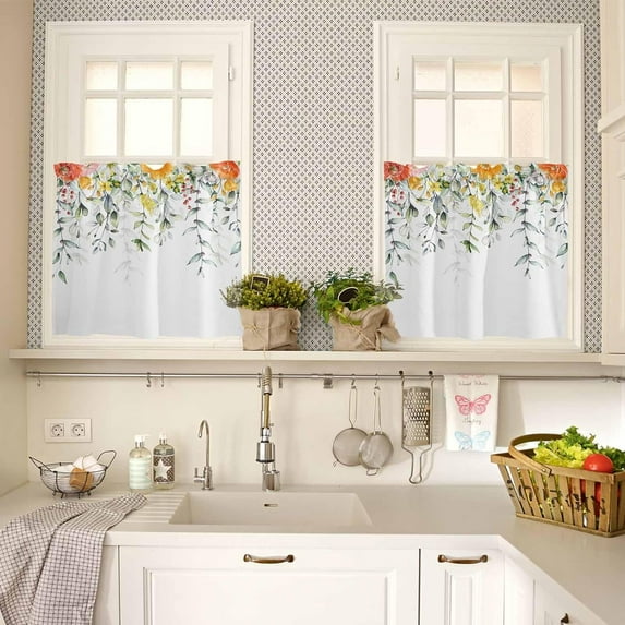 36 Inch Long Tier Curtains Rod Pocket Kitchen Valance Curtains Short Window Curtains for Kitchen Spring Watercolor Tulip Plant Leaves Curtains for Cafe Kitchen Basement, 2 Panels,27.5"x36"