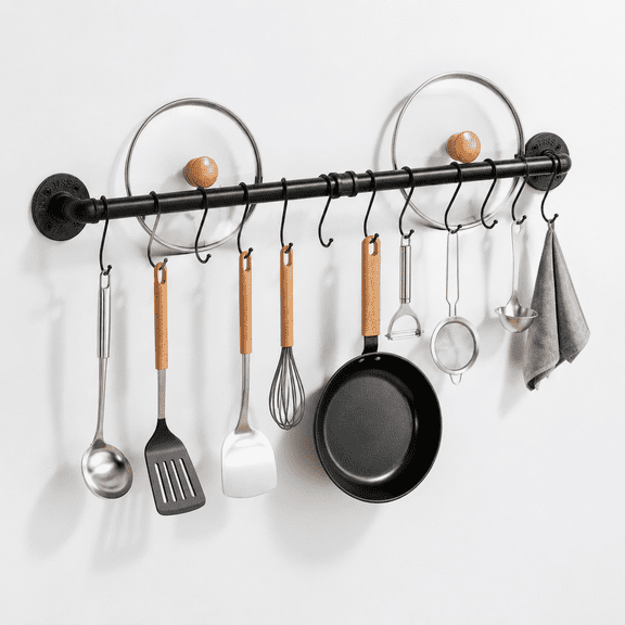 36 Inch Matte Black Industrial Pipe Wall Mounted Pot Rack With 14 Removable S Hooks