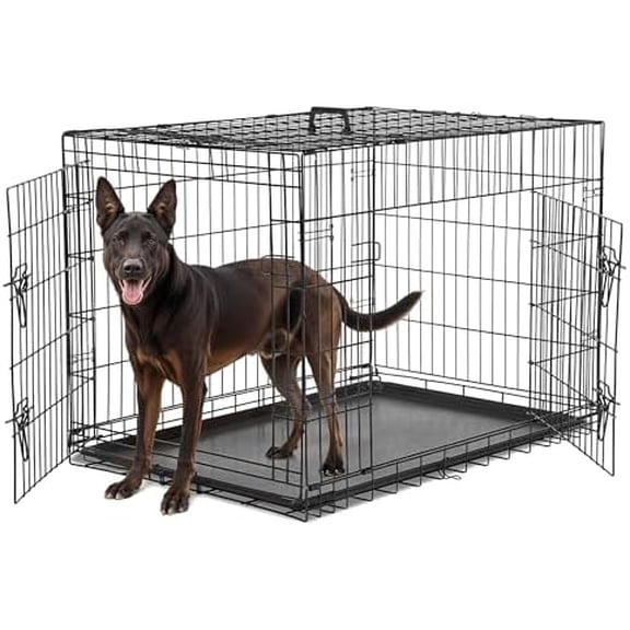 36-Inch Medium Dog Crate with Divider, Double Door Folding Metal Wire Cage with Leak-Proof Plastic Tray, Portable Pet Kennel for Indoor, Outdoor, and Travel